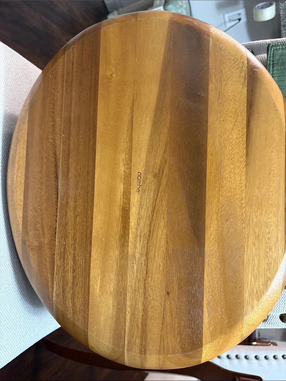 Nambe Acacia Wood Serving Bowl with Servers in Honey Brown and Metal Accents